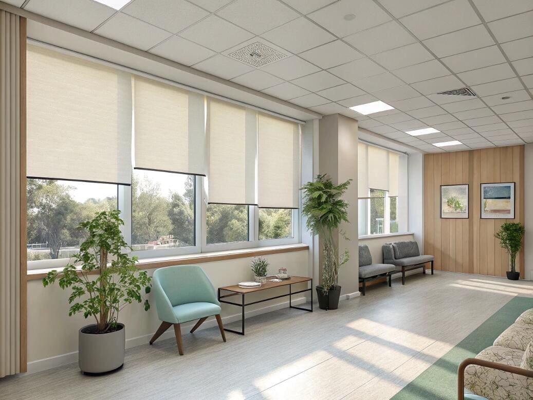 Spacious waiting room with large windows and neutral roller shades