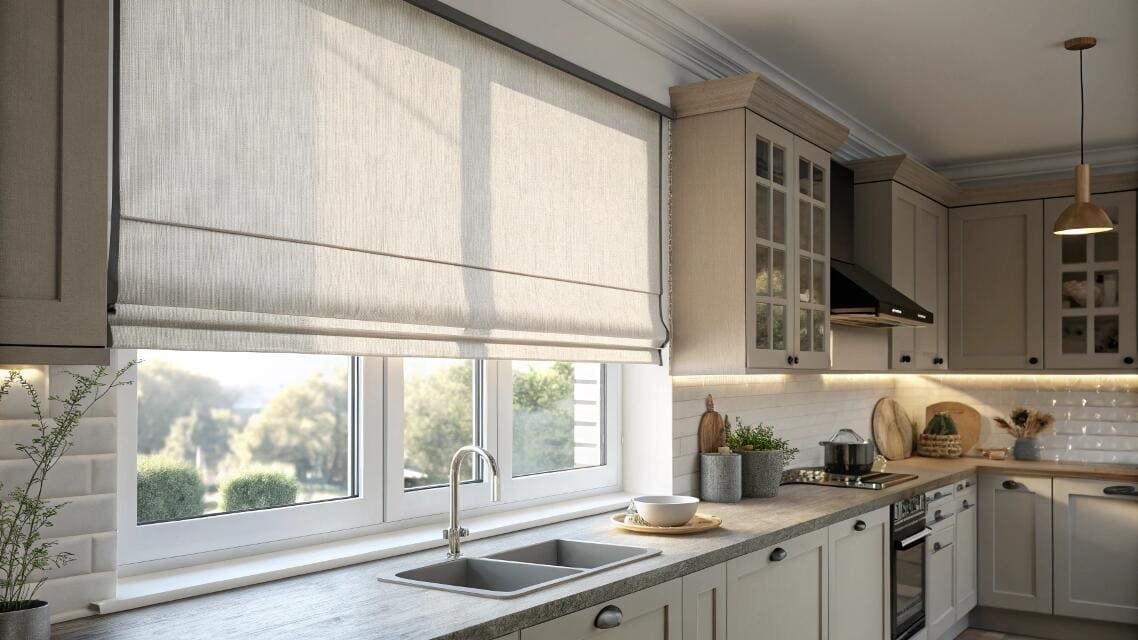 Kitchen interior with a sink under a window fitted with light roman shades