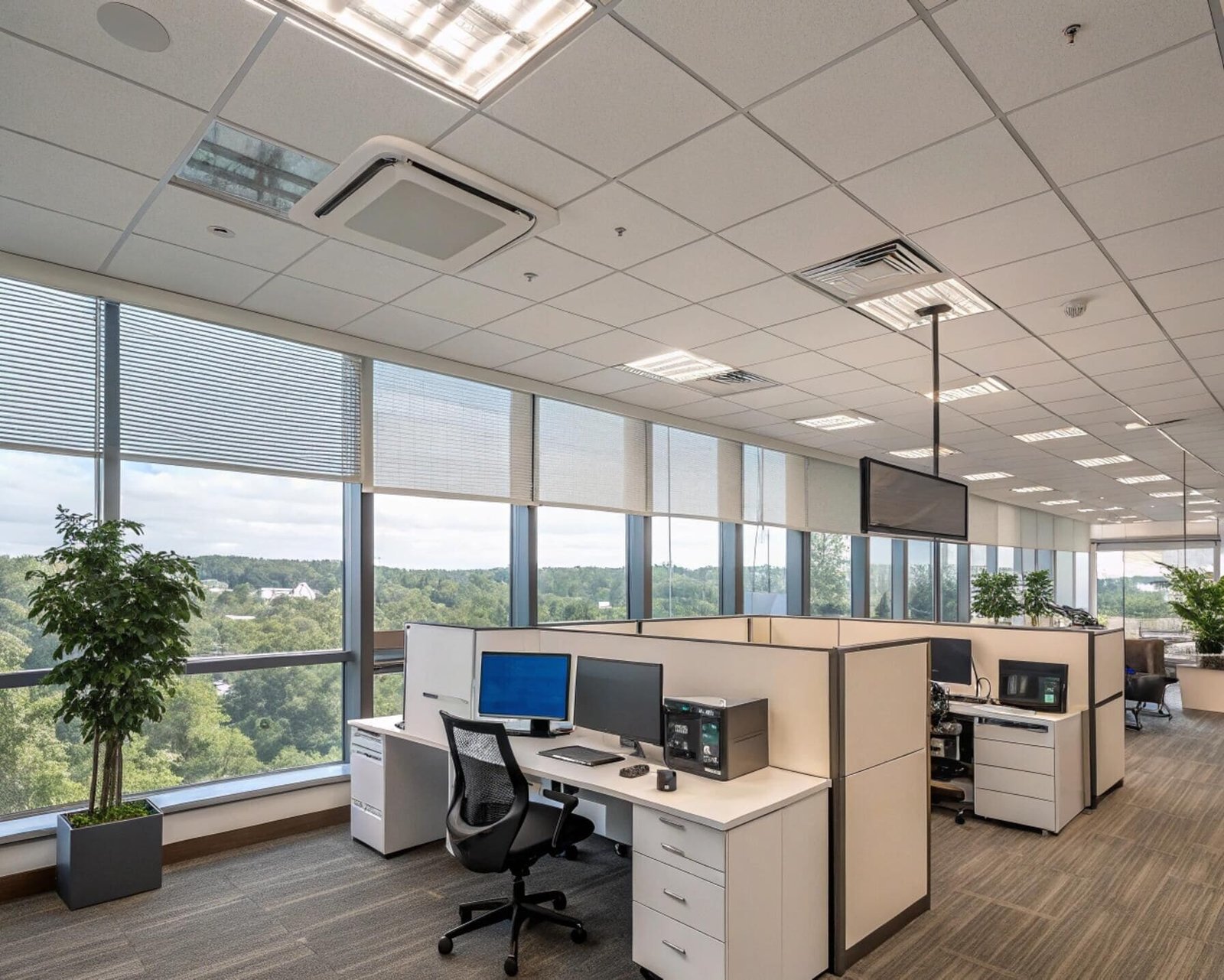 Open-plan office space with cubicles and light-filtering cellular window shades