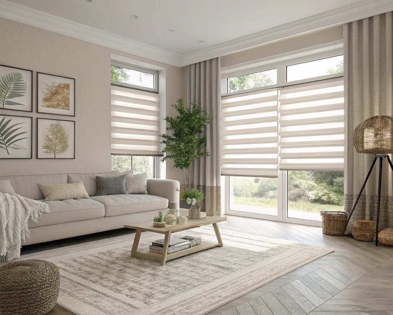 Living room with sofa and large windows fitted with zebra blinds