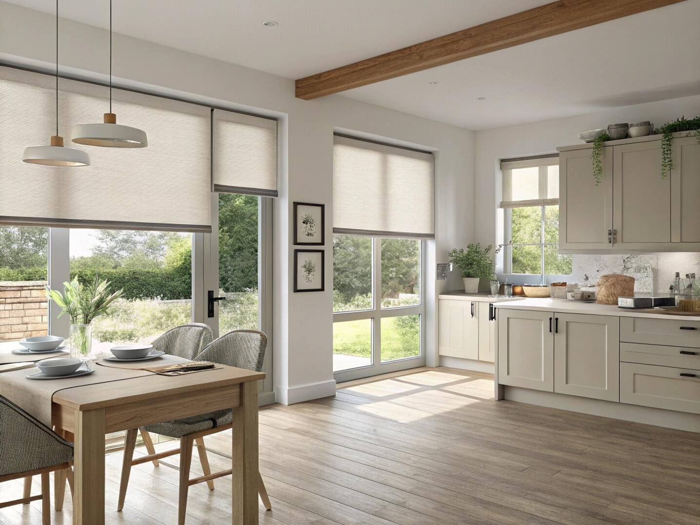 Kitchen dining area with light roller shades