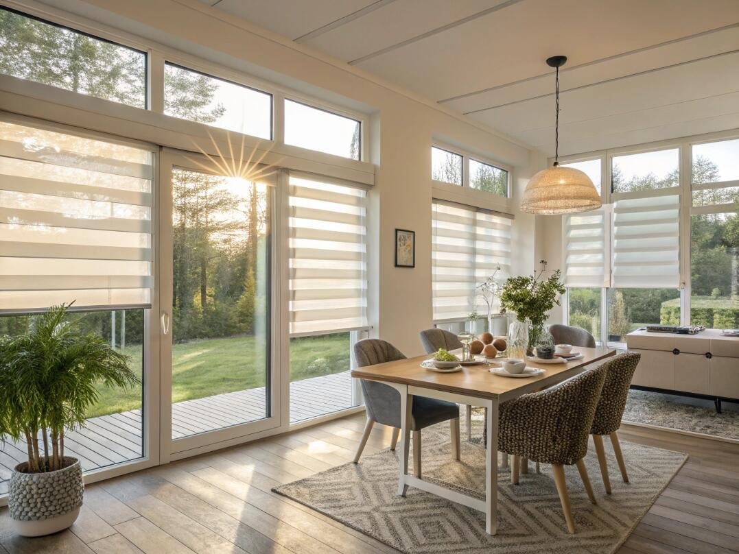Dining area with outdoor view and light-controlling zebra blinds