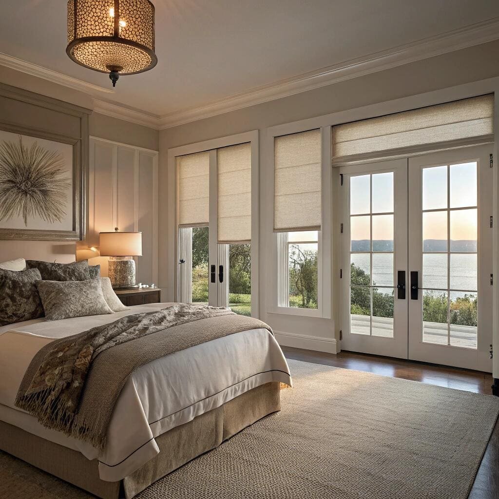 Bedroom with roller shades and waterfront view