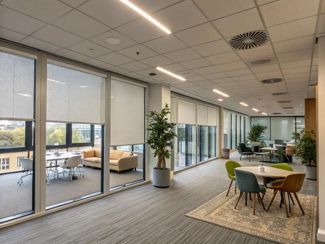 Contemporary office lounge with large windows and light-filtering blinds