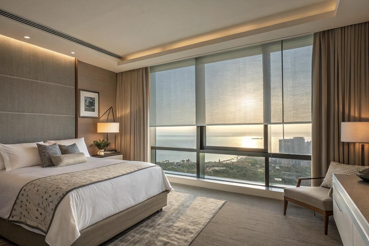 Luxury hotel bedroom with sheer roller shades and ocean view
