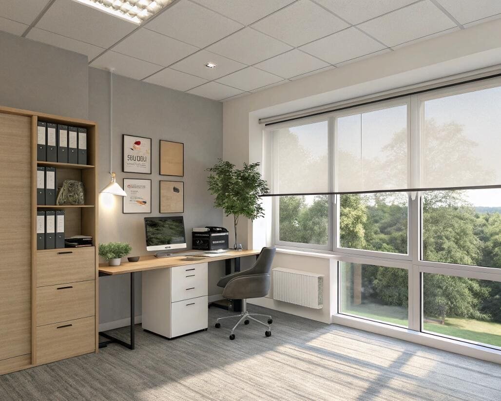 Private office with versatile dual roller shades and green view.