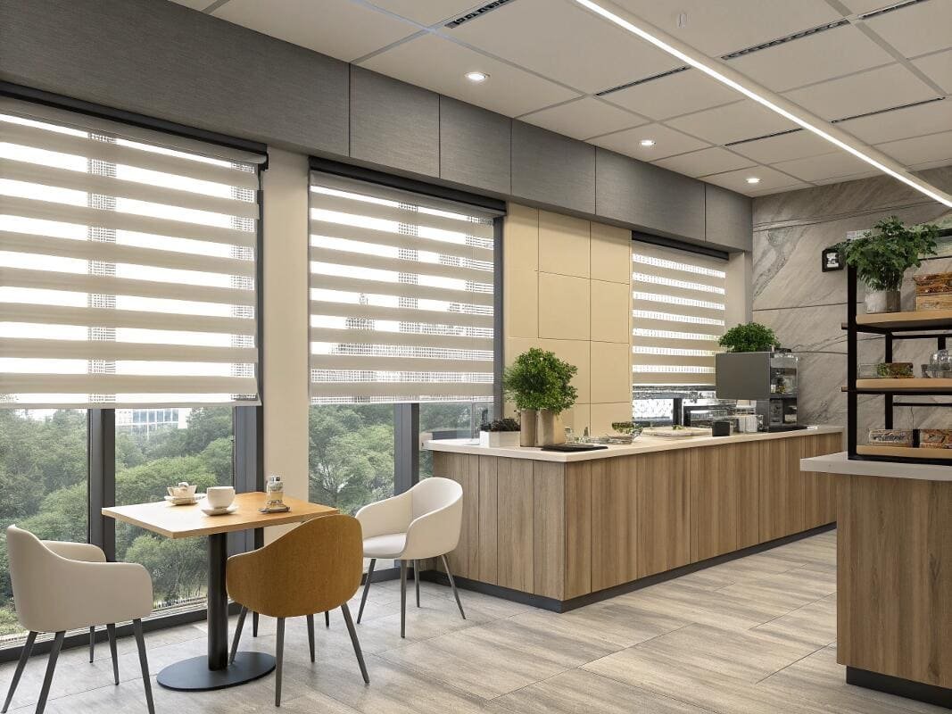 Modern office breakroom with stylish zebra blinds enhancing ambiance