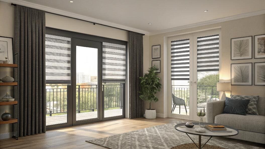 Modern living room with dark zebra blinds on balcony doors and curtains