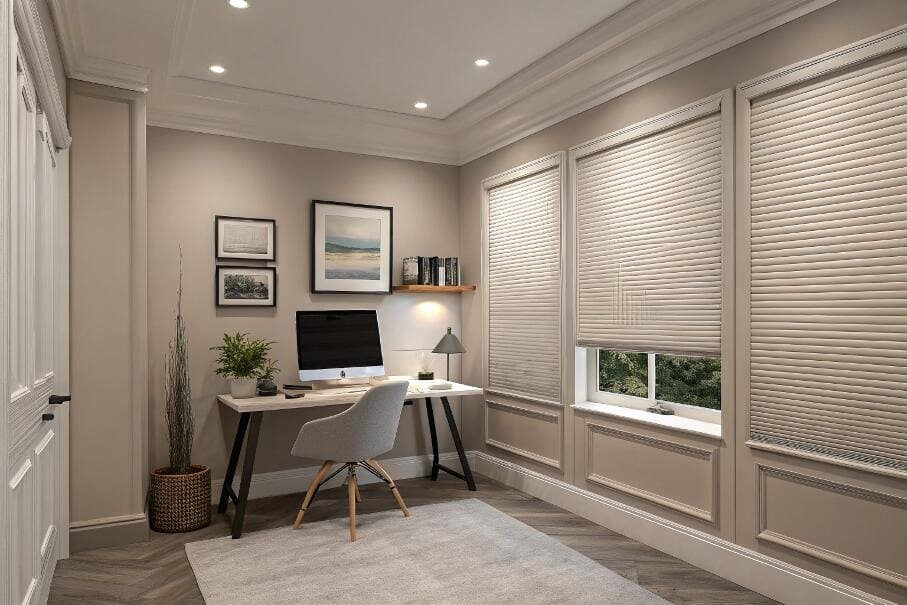 Contemporary home office with white horizontal blinds for privacy.