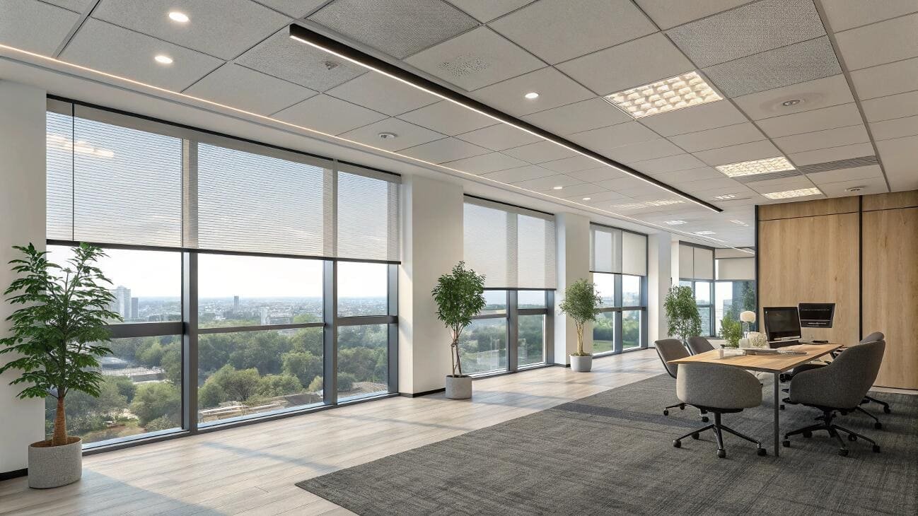 Contemporary office with sheer roller shades on large windows, city view.
