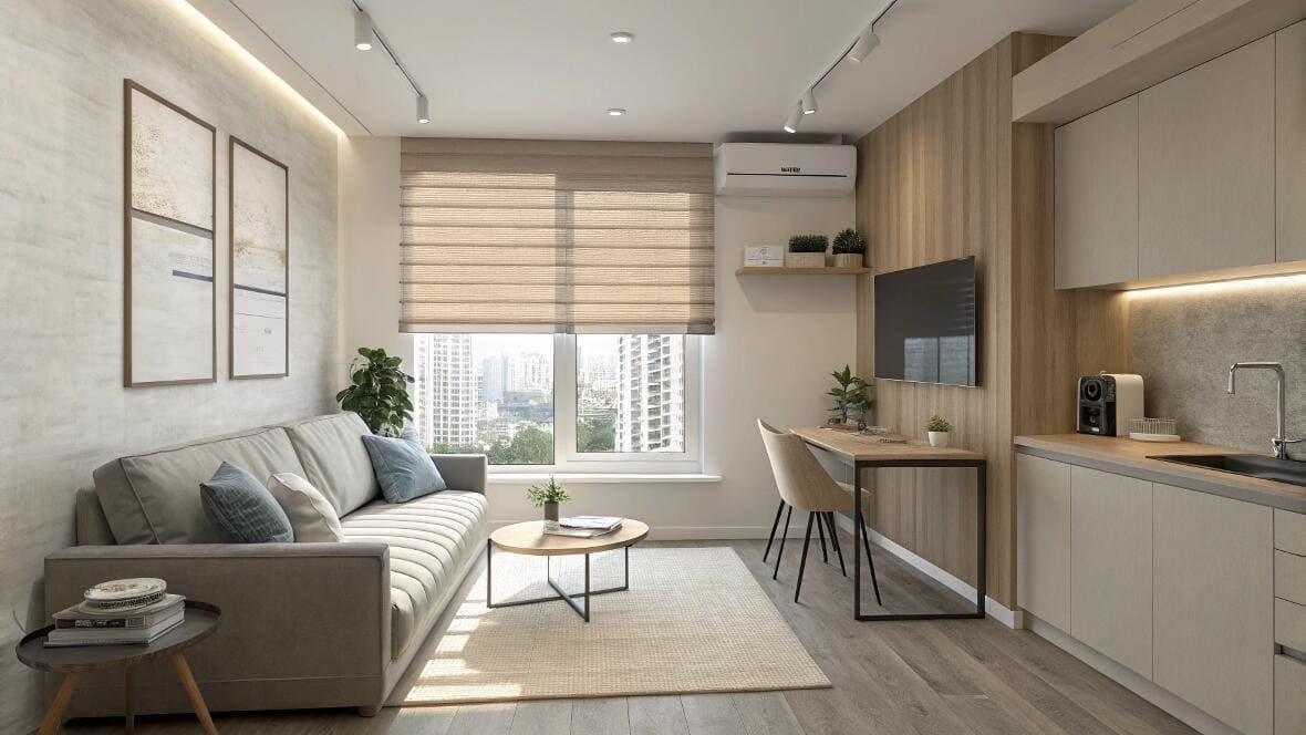 Compact apartment living area with a textured Roman blind overlooking city buildings.