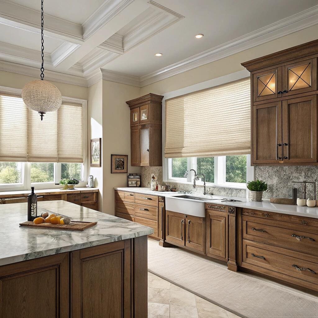 Traditional kitchen with cellular shades and marble countertop