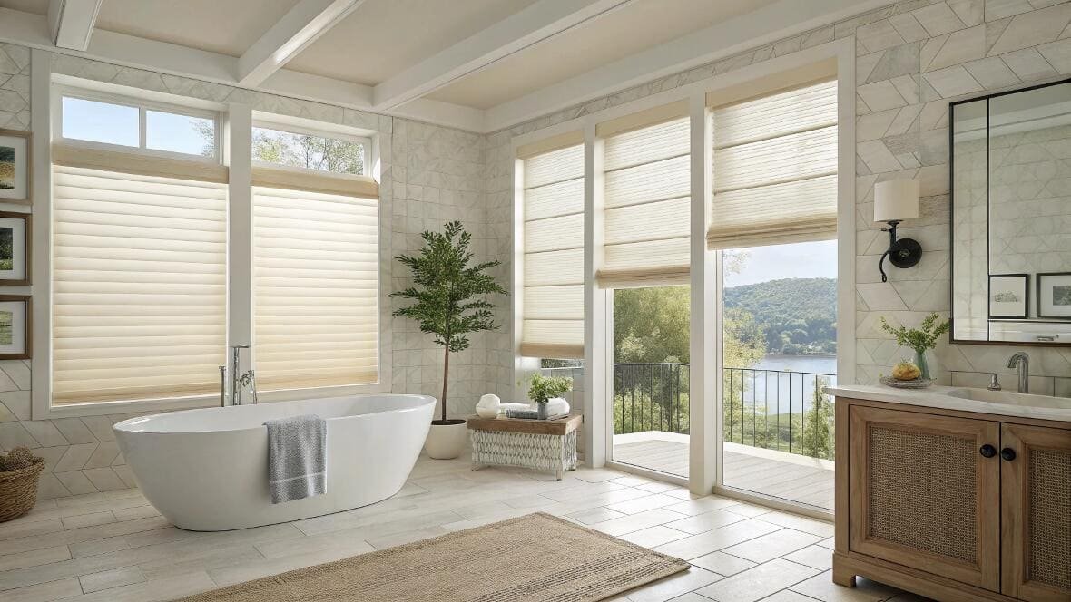 Luxurious bathroom with natural woven shades offering privacy and scenic views.