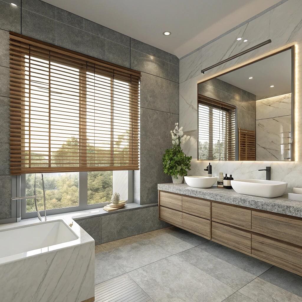 Bathroom with wooden blinds and modern vanity
