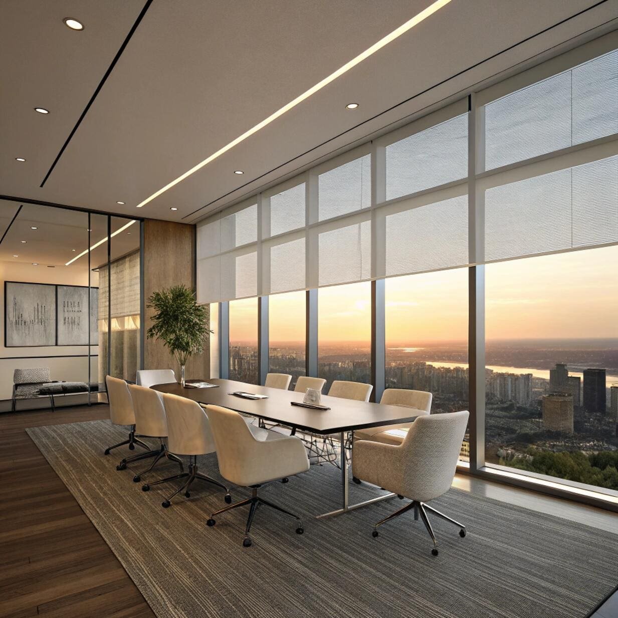 Conference room with motorized roller shades at sunset