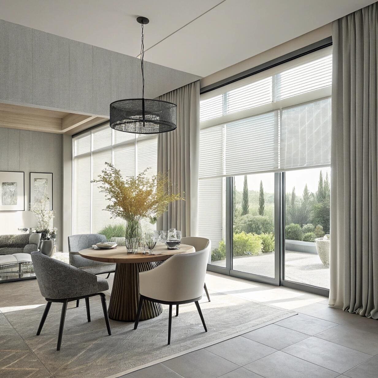 Dining area with modern pleated shades