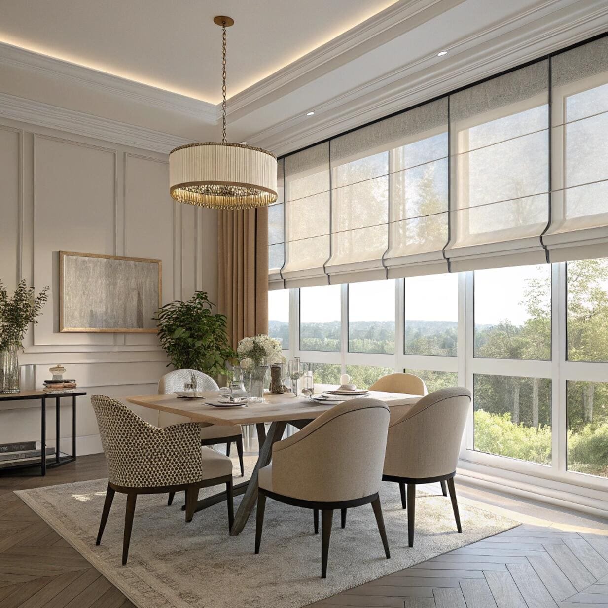 Elegant dining room with sheer roman shades