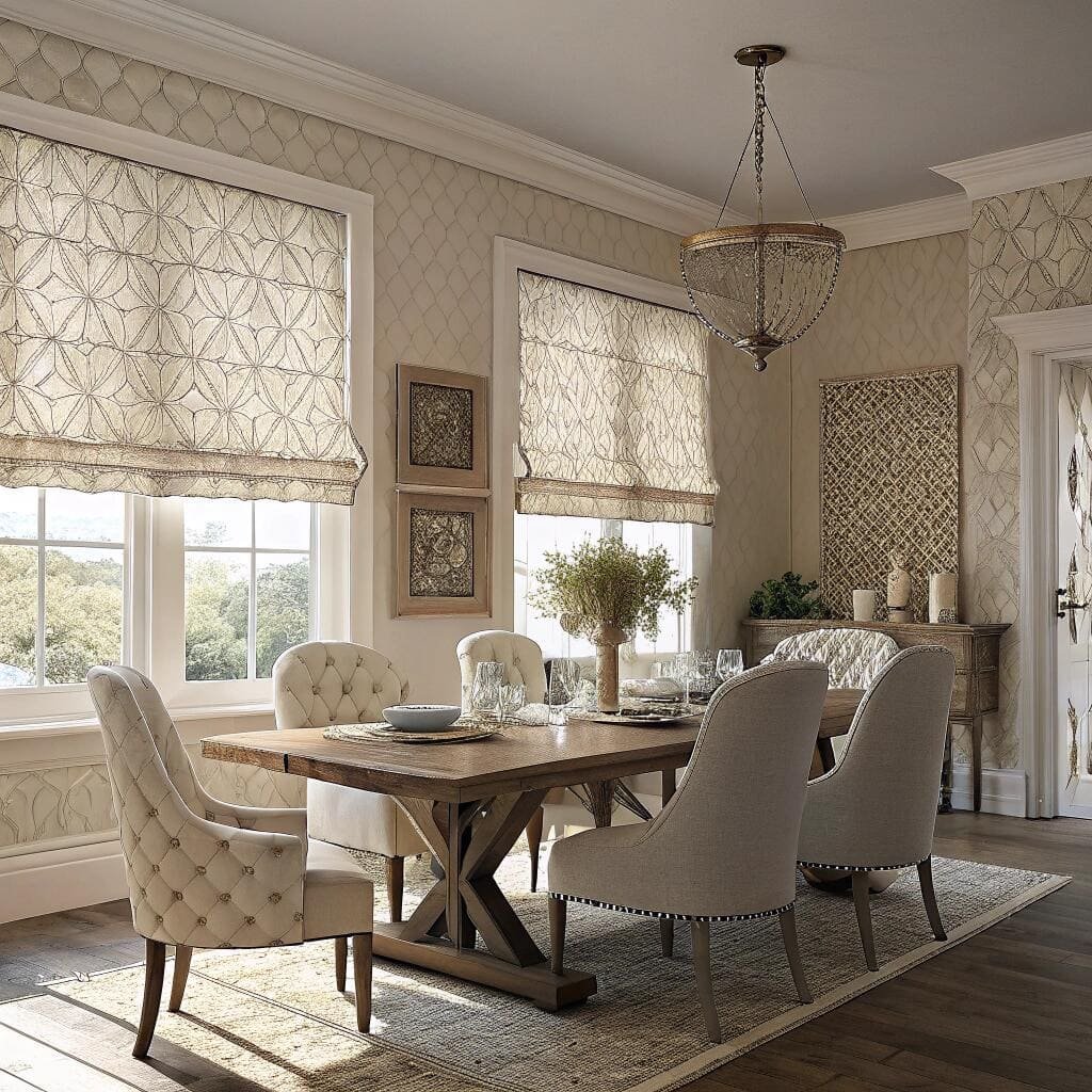 Classic dining room with patterned roman blinds