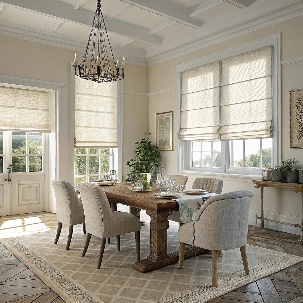 Dining room featuring neutral roman blinds and natural wood table