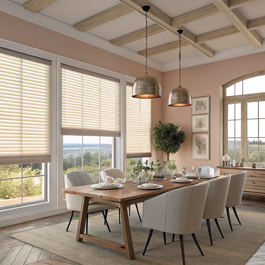 Contemporary dining room with soft white roman shades