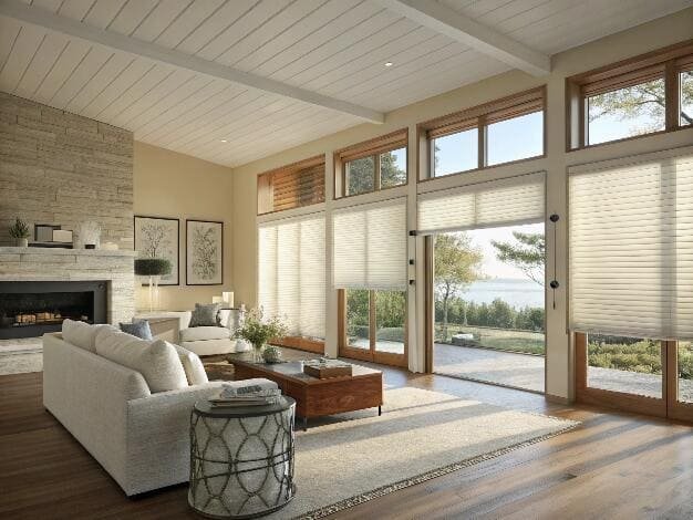Bright family room with large smart window blinds