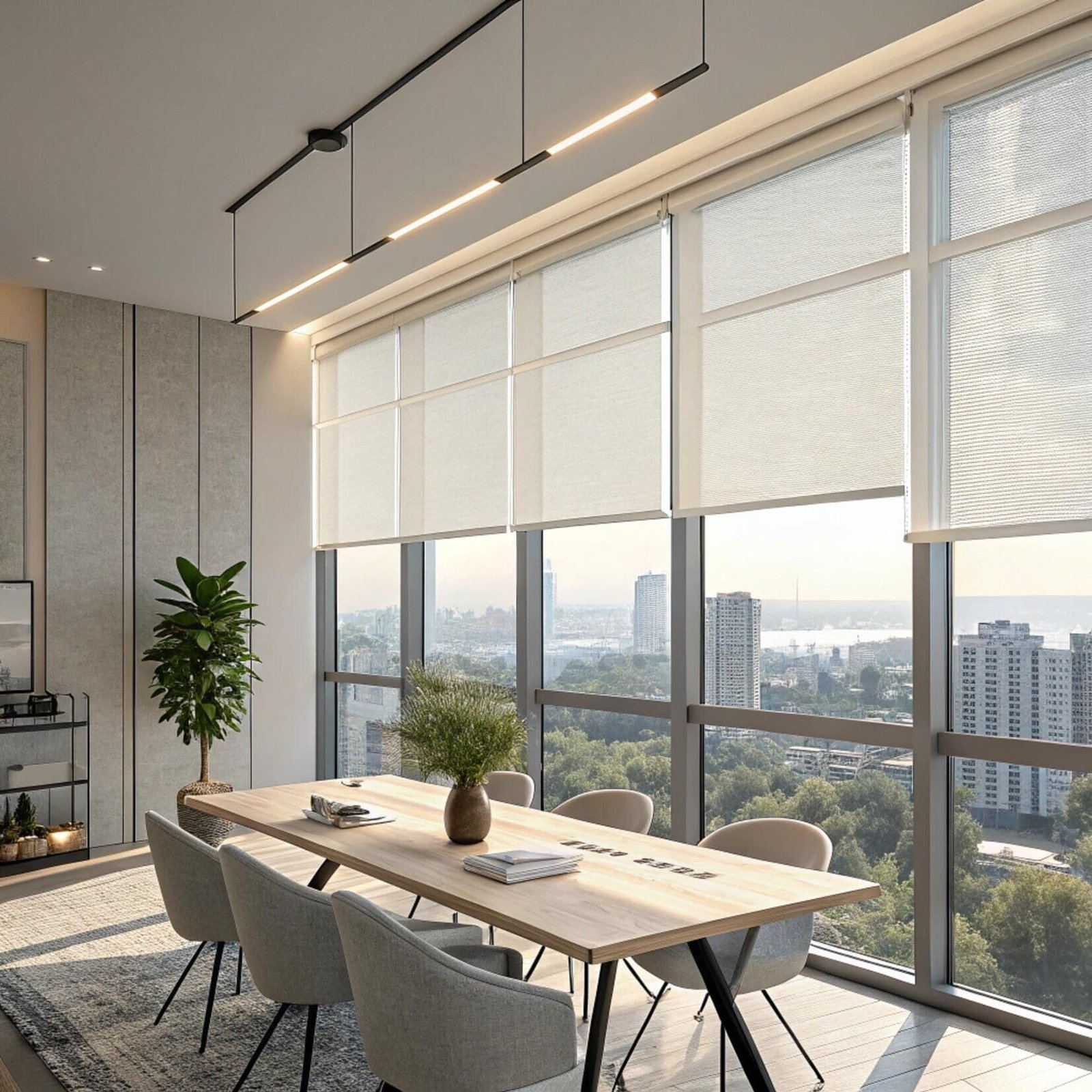 Contemporary boardroom with light roller blinds and skyline