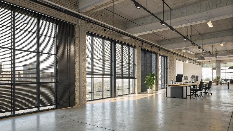 Industrial loft office with black venetian blinds