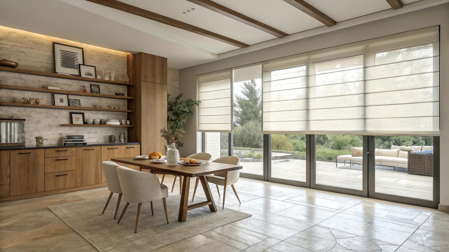 Cozy kitchen dining space with smart roman shades