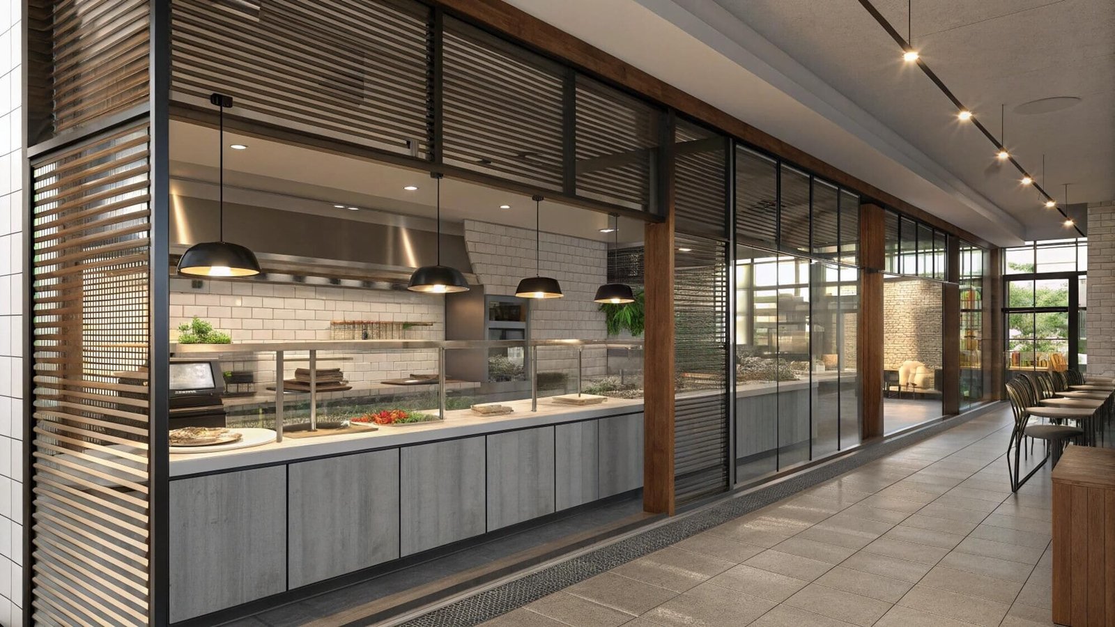 Contemporary restaurant kitchen with wood slatted dividers