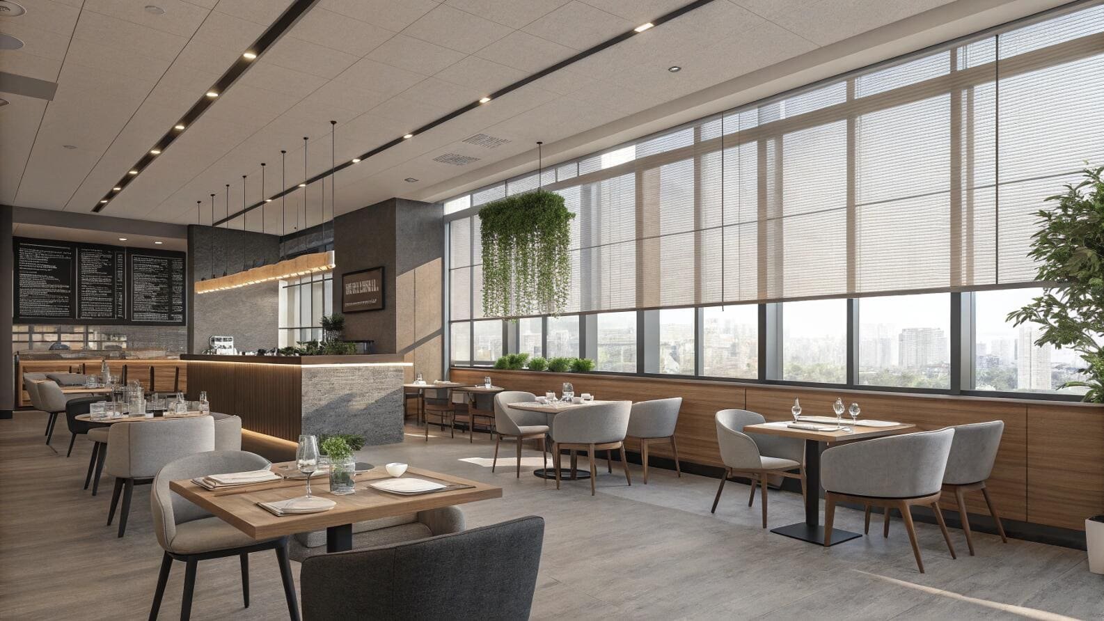 Contemporary cafe with large light-filtering blinds