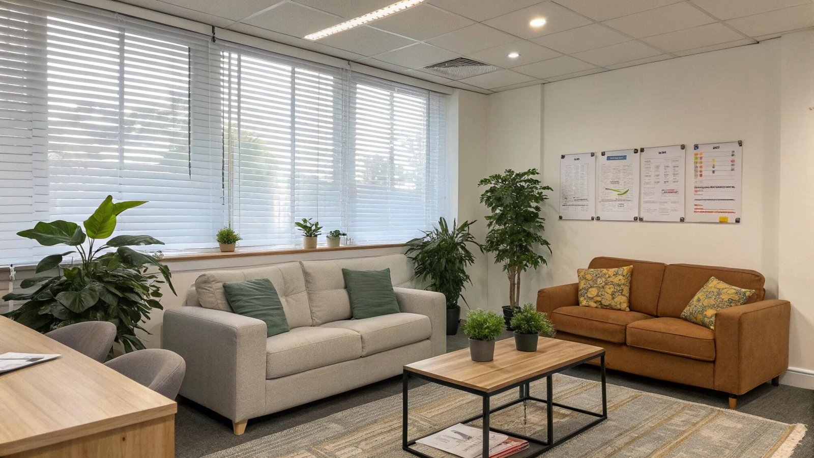 Cozy office lounge with white venetian blinds