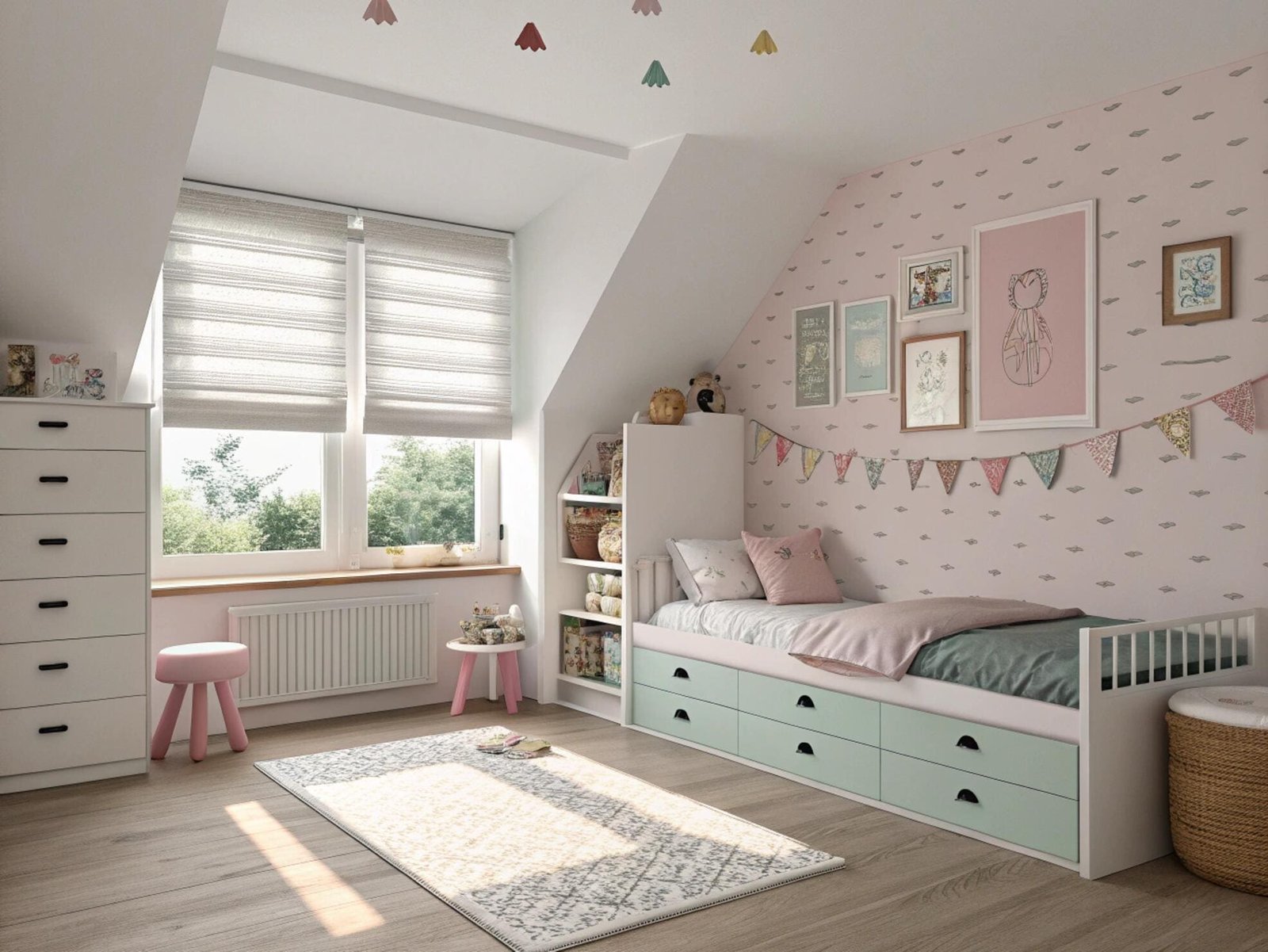 Children's bedroom with pastel roman shades