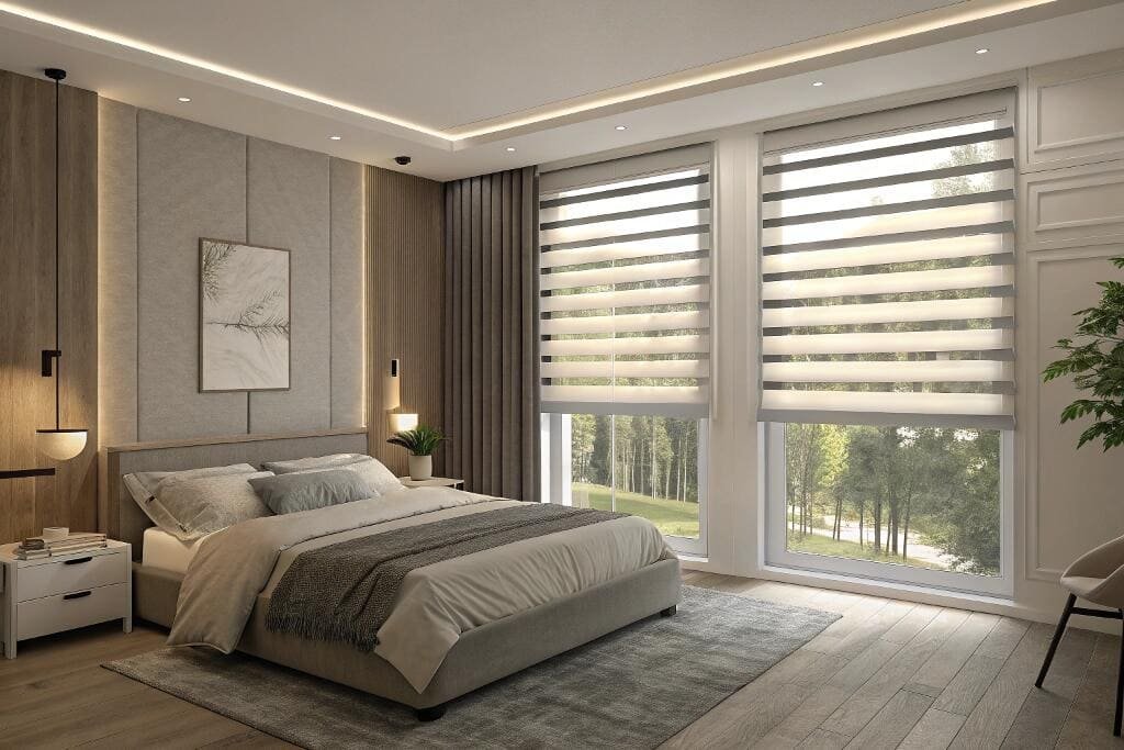 Contemporary bedroom with dual zebra roller blinds