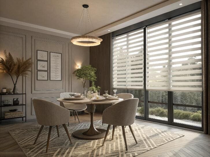 Modern dining room with zebra roller blinds