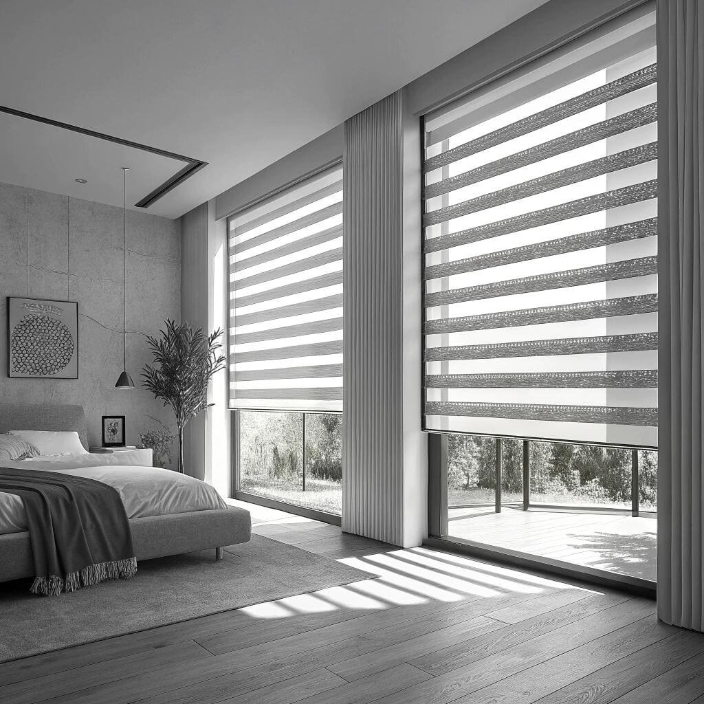 Contemporary bedroom with zebra blinds and balcony view