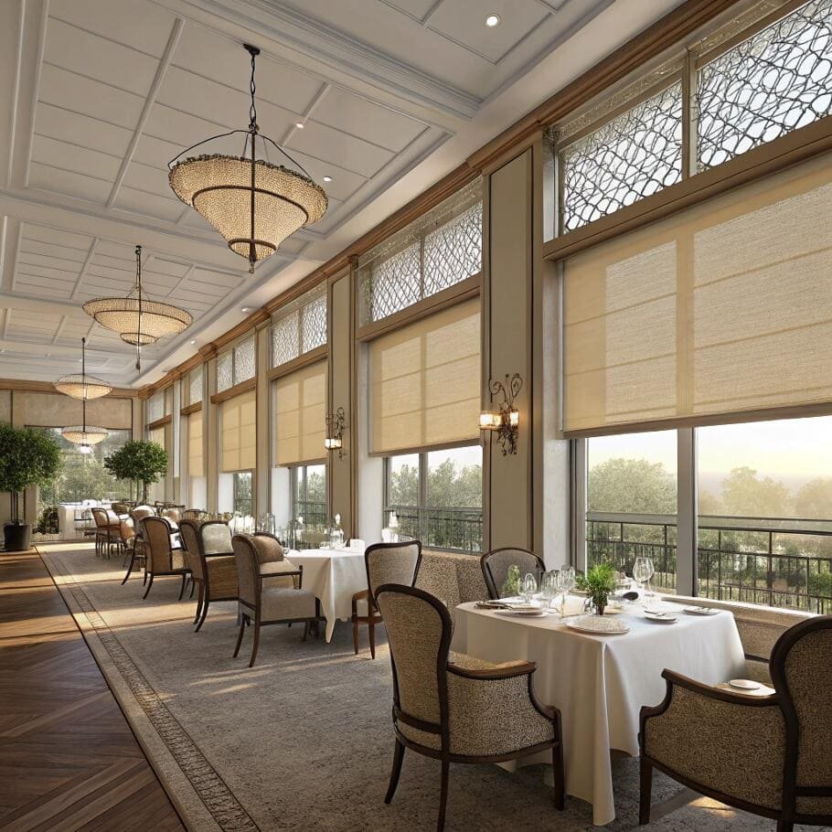 Classic restaurant with elegant filtered roller shades