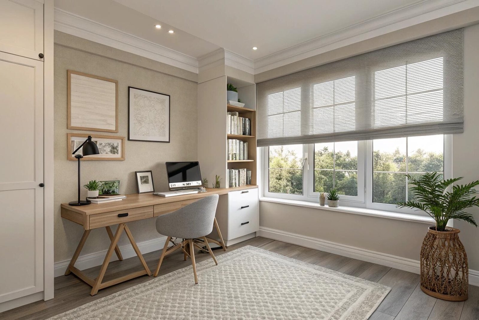 Home office with gray semi-sheer roller shades