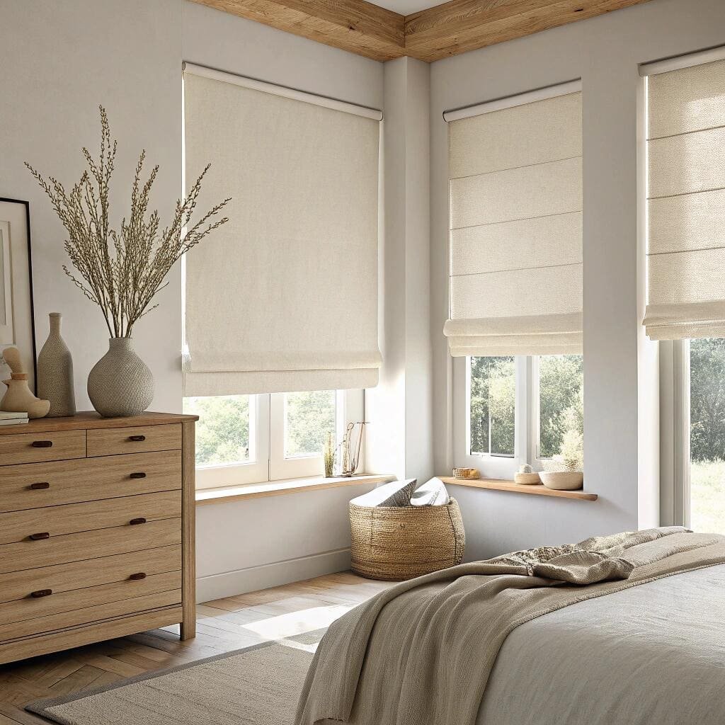 Minimalist bedroom with cream roman and roller shades