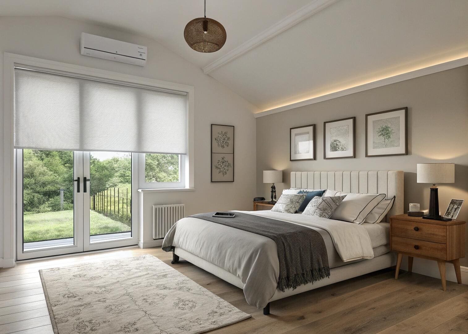 Minimalist bedroom with white blackout roller blinds