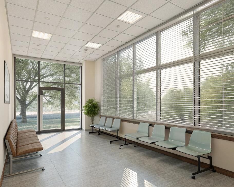 Waiting area with large windows and venetian blinds