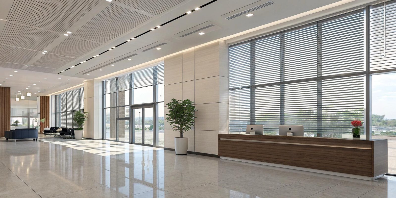 Spacious commercial lobby with horizontal blinds