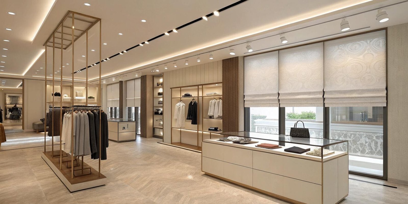 Upscale clothing store with patterned roman shades