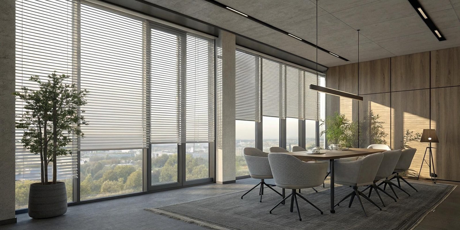 Conference room with horizontal sheer blinds and large windows