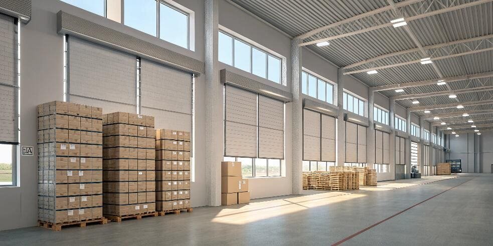 Large warehouse with motorized roller blinds and pallet storage