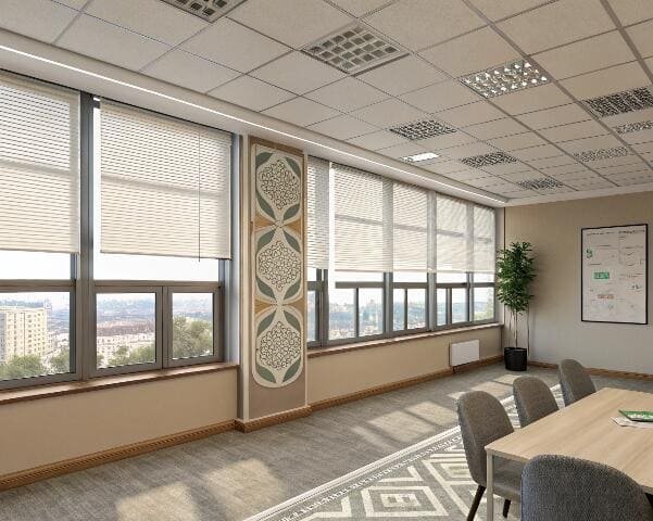 Conference meeting room with horizontal window blinds