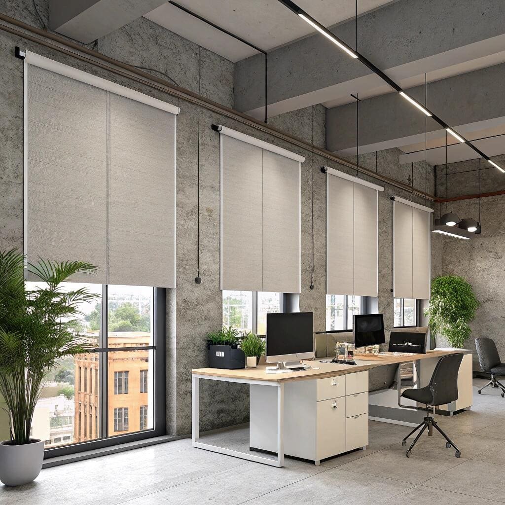 Industrial office space with light filtering roller blinds
