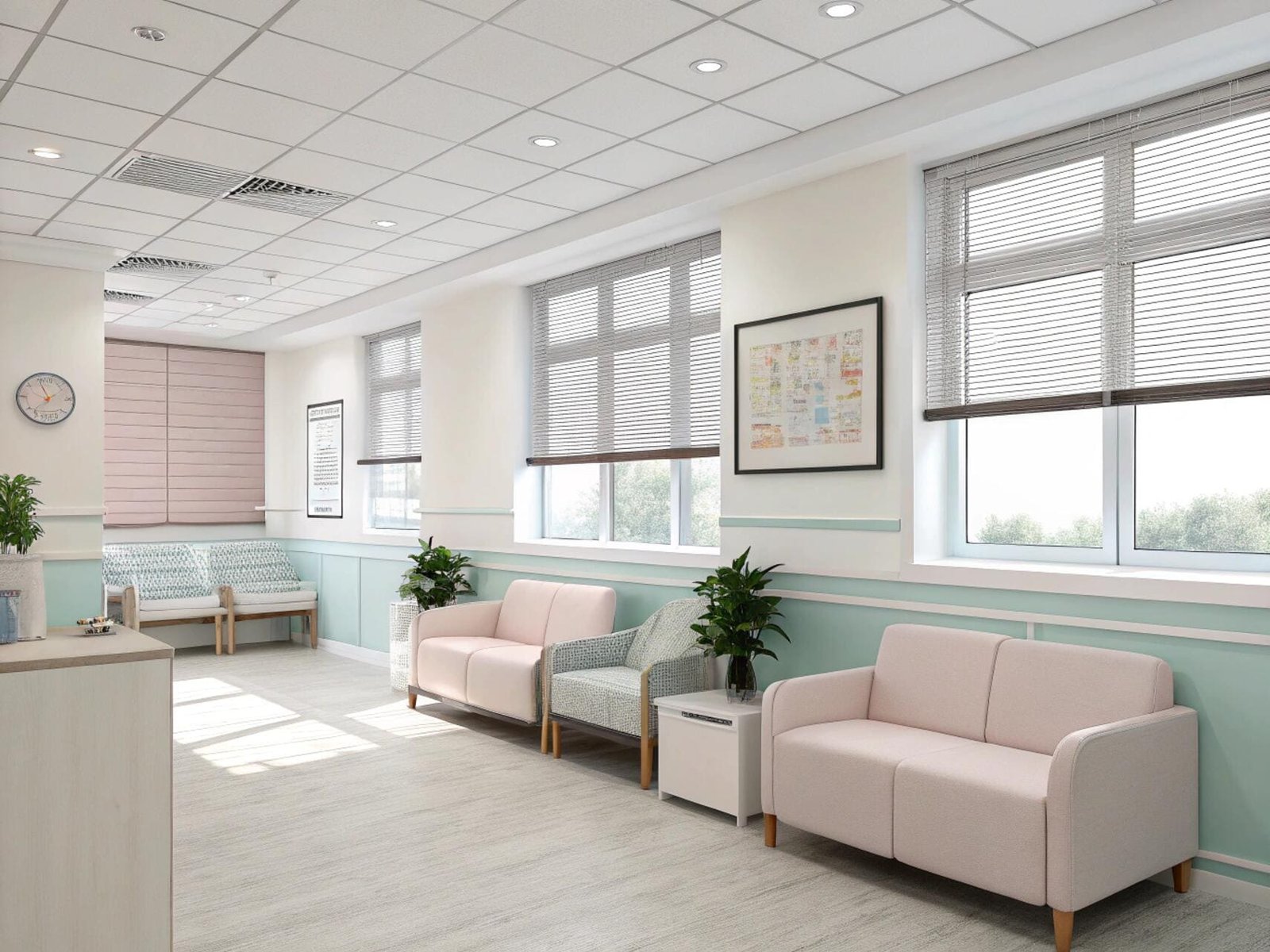 Hospital waiting room with aluminum blinds and pastel decor