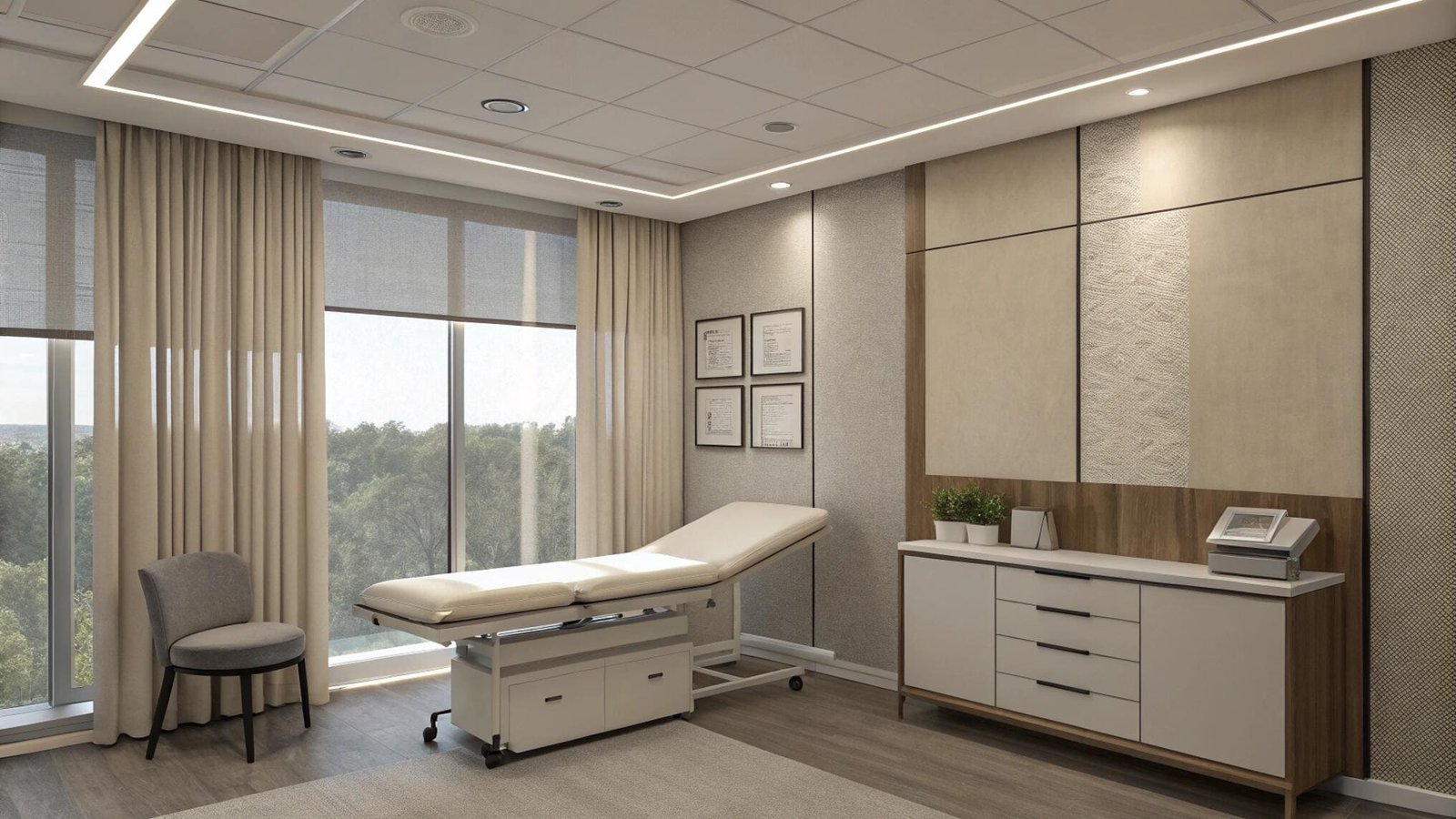Medical exam room with soft roller shades and curtains