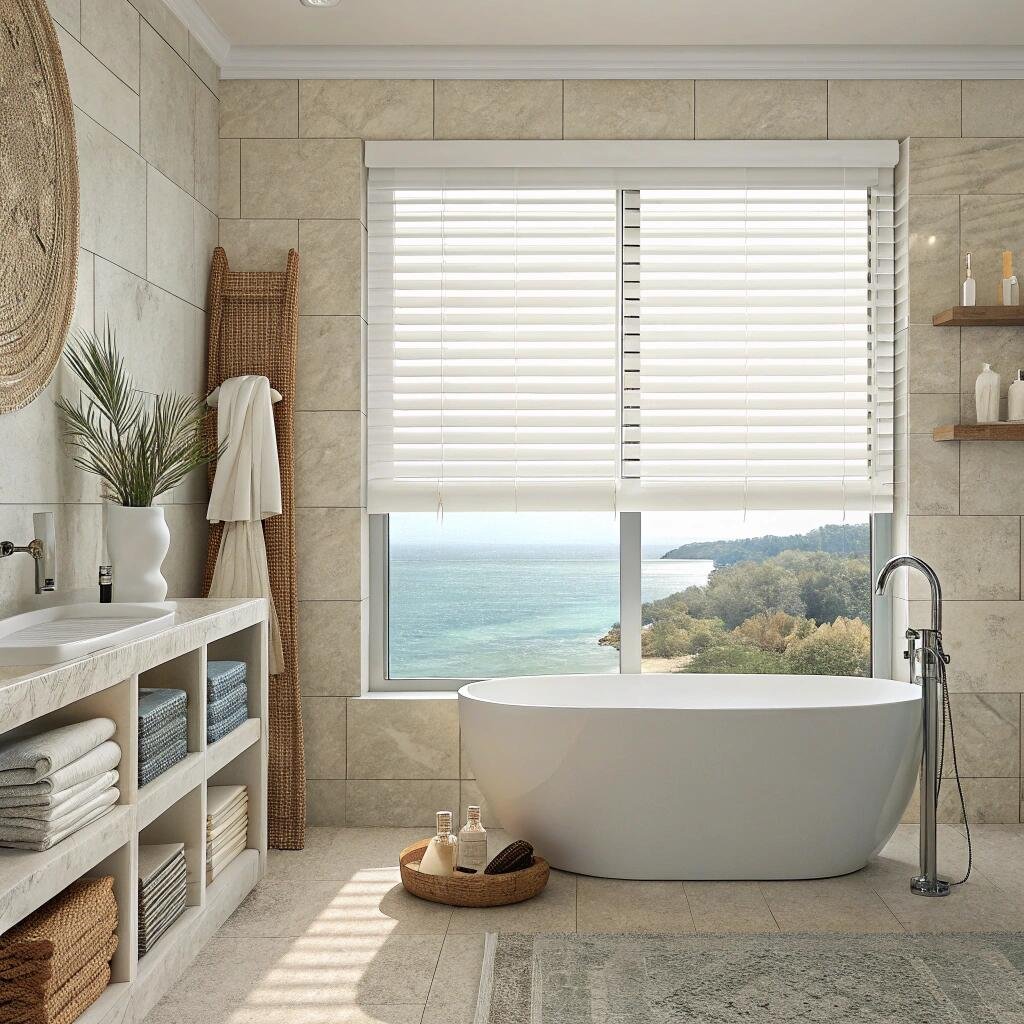 Spa bathroom with white faux wood blinds and bathtub