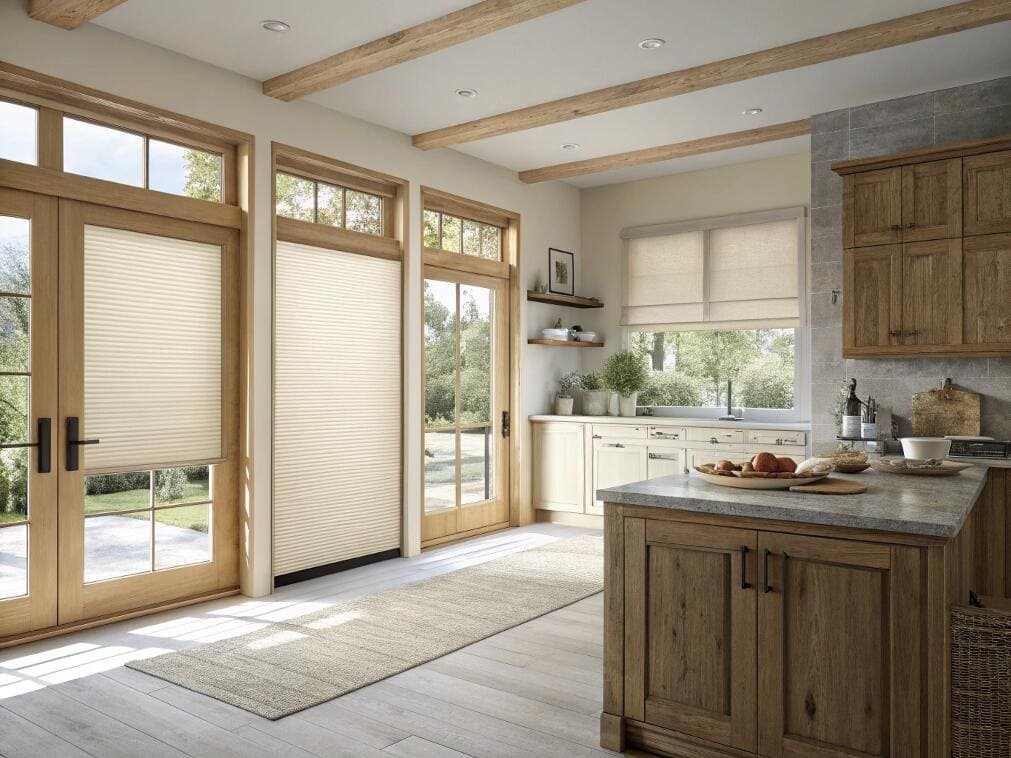 Rustic kitchen with wood doors and honeycomb blinds